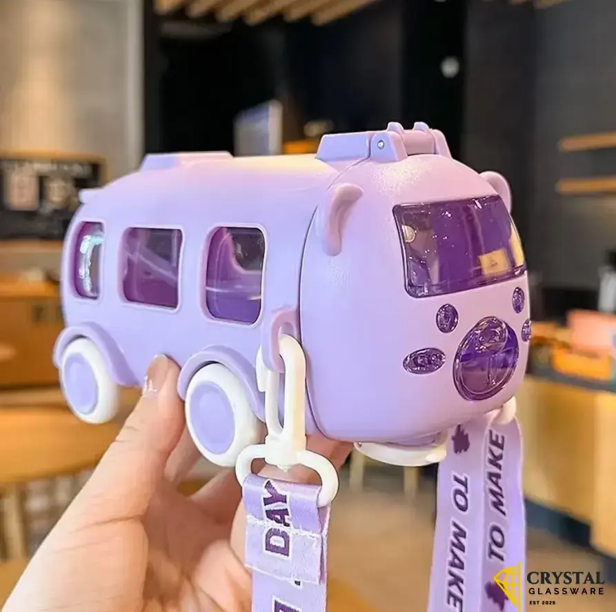 Imported 500ml Bus Water Bottle for Kids with Strap Sipper and Straw Leakproof BPA Free with Lock Water Bottle for School Kids Cute Bus Shaped Water Bottle for Girls and Boys